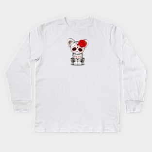 Red Day of the Dead Sugar Skull White Tiger Cub Kids Long Sleeve T-Shirt